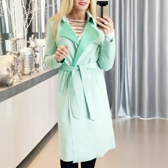 CHIC DOLLZ Minty Green Suede Trench Coat - Picture 1 of 4